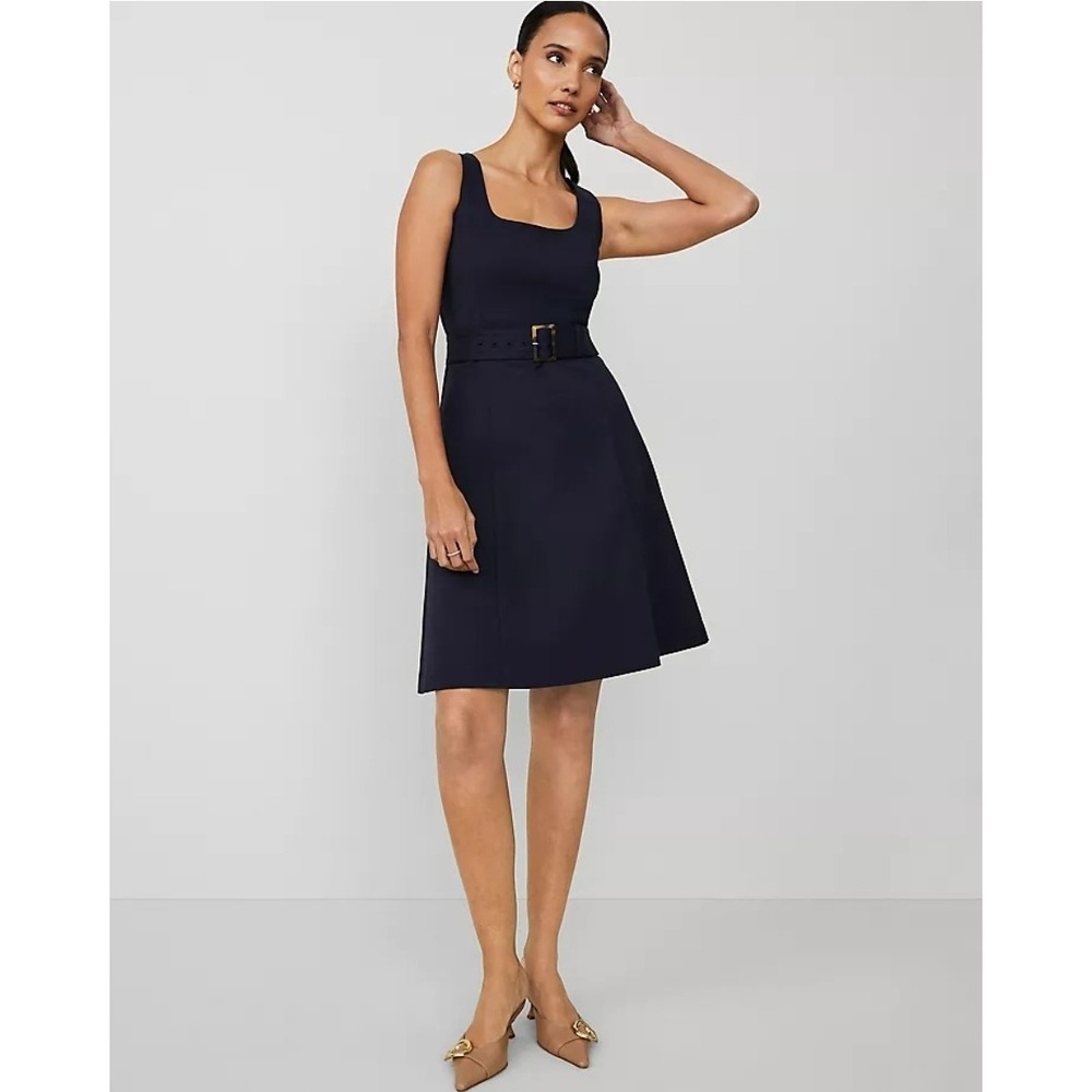 Ann Taylor dress womens sz 10 P Petit navy zip cotton sleeveless belted $189